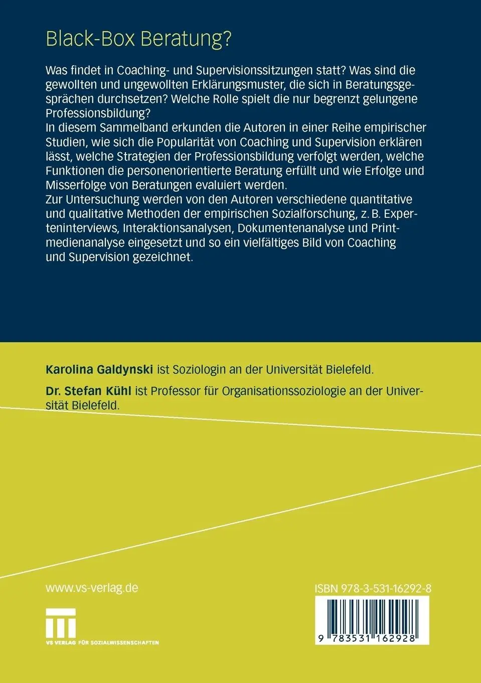 Rückseite: 9783531162928 | Black-Box Beratung? | Empirische Studien zu Coaching und Supervision