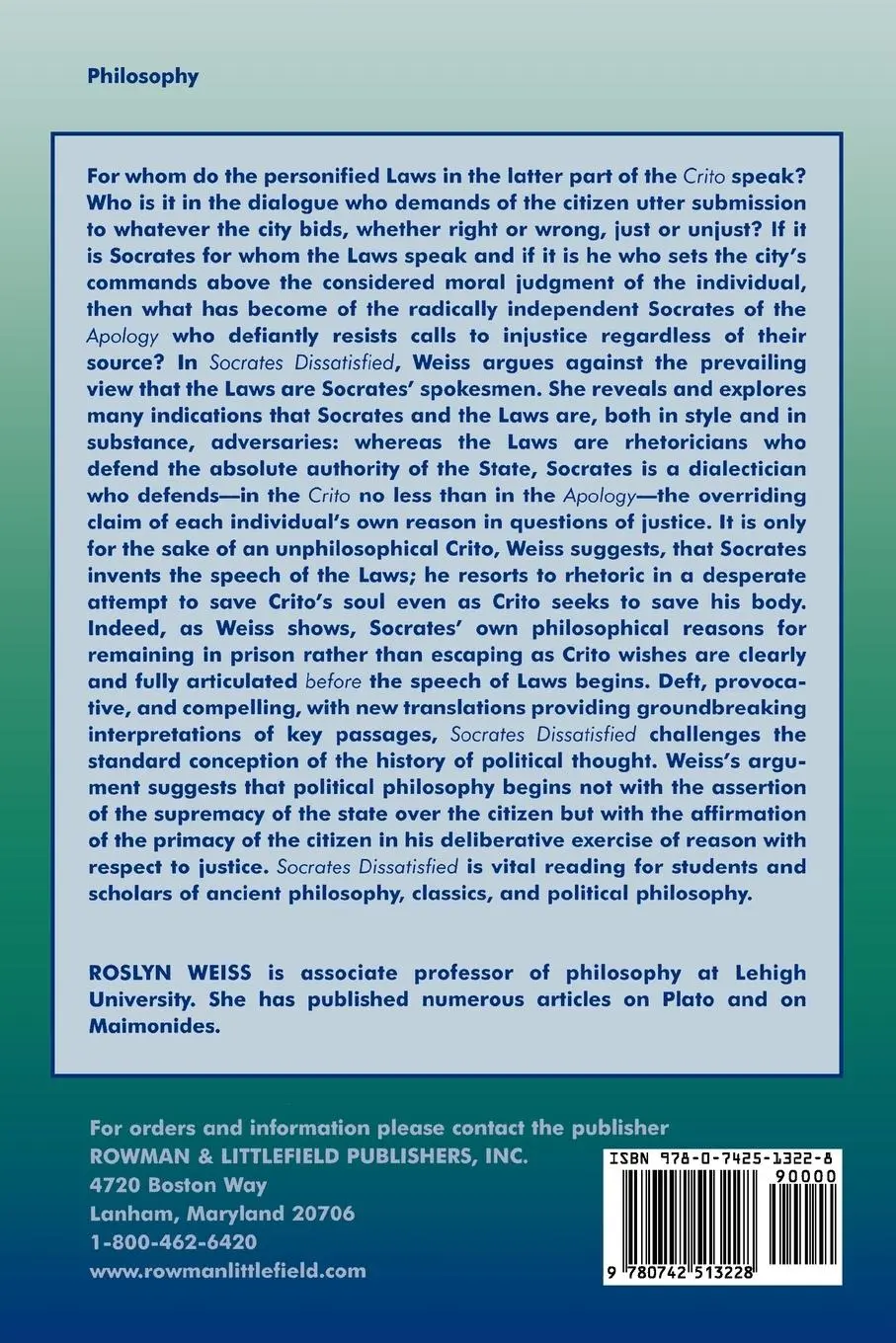 Rückseite: 9780742513228 | Socrates Dissatisfied | An Analysis of Plato's Crito | Roslyn Weiss