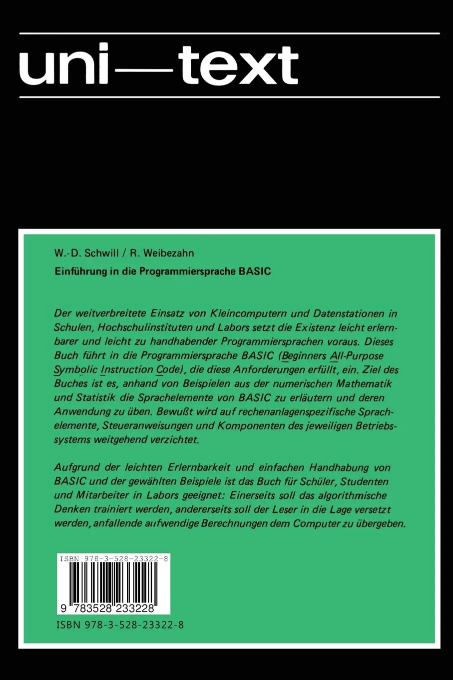 Rückseite: 9783528233228 | Einführung in die Programmiersprache BASIC | Wolf-Dietrich Schwill