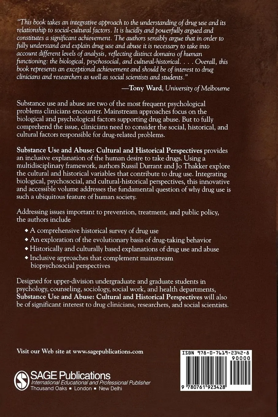 Rückseite: 9780761923428 | Substance Use and Abuse | Cultural and Historical Perspectives | Buch
