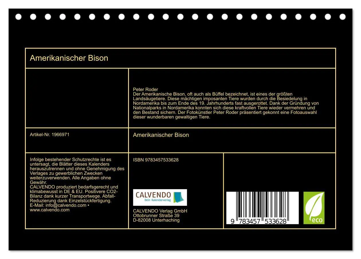 Bild: 9783457533628 | Amerikanischer Bison (Tischkalender 2026 DIN A5 quer), CALVENDO...