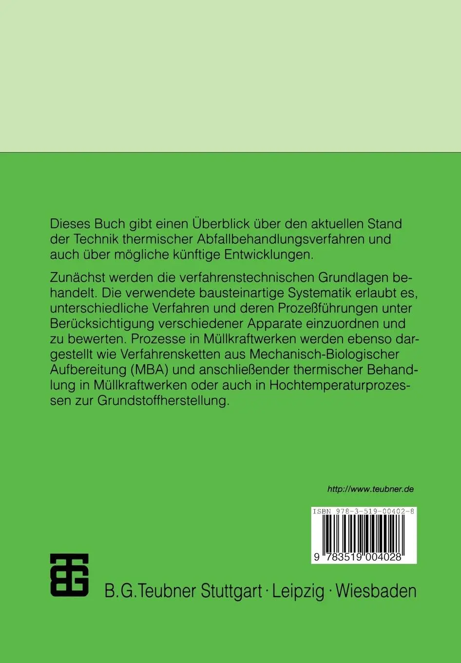 Rückseite: 9783519004028 | Abfallbehandlung in thermischen Verfahren | Reinhard Scholz (u. a.)