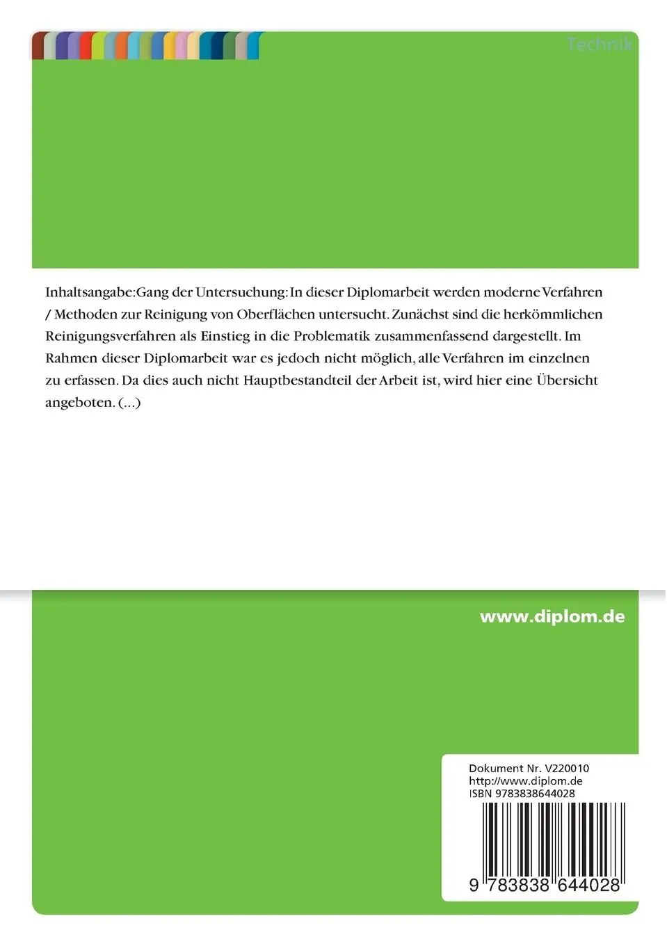 Rückseite: 9783838644028 | Moderne Verfahren / Methoden zur Reinigung von Oberflächen | Diskaya