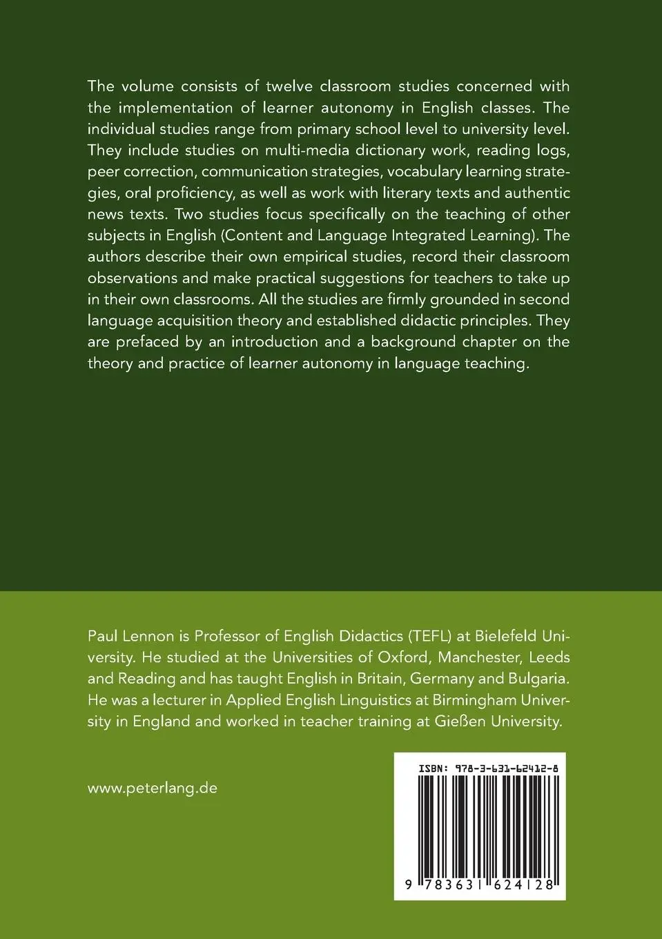 Rückseite: 9783631624128 | Learner Autonomy in the English Classroom | Paul Lennon | Taschenbuch