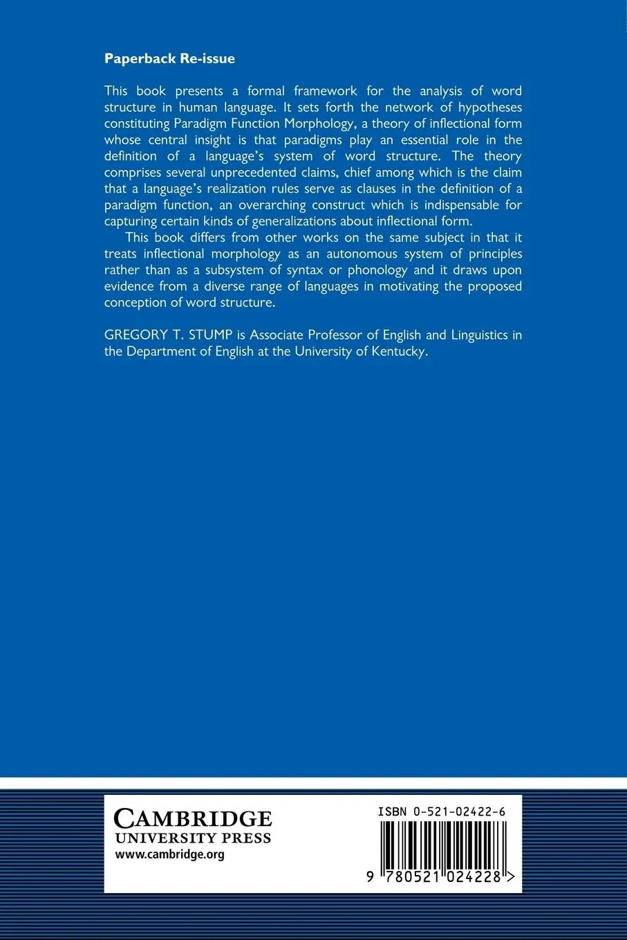 Rückseite: 9780521024228 | Inflectional Morphology | A Theory of Paradigm Structure | Stump