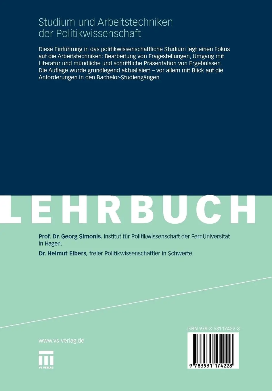 Rückseite: 9783531174228 | Studium und Arbeitstechniken der Politikwissenschaft | Elbers (u. a.)