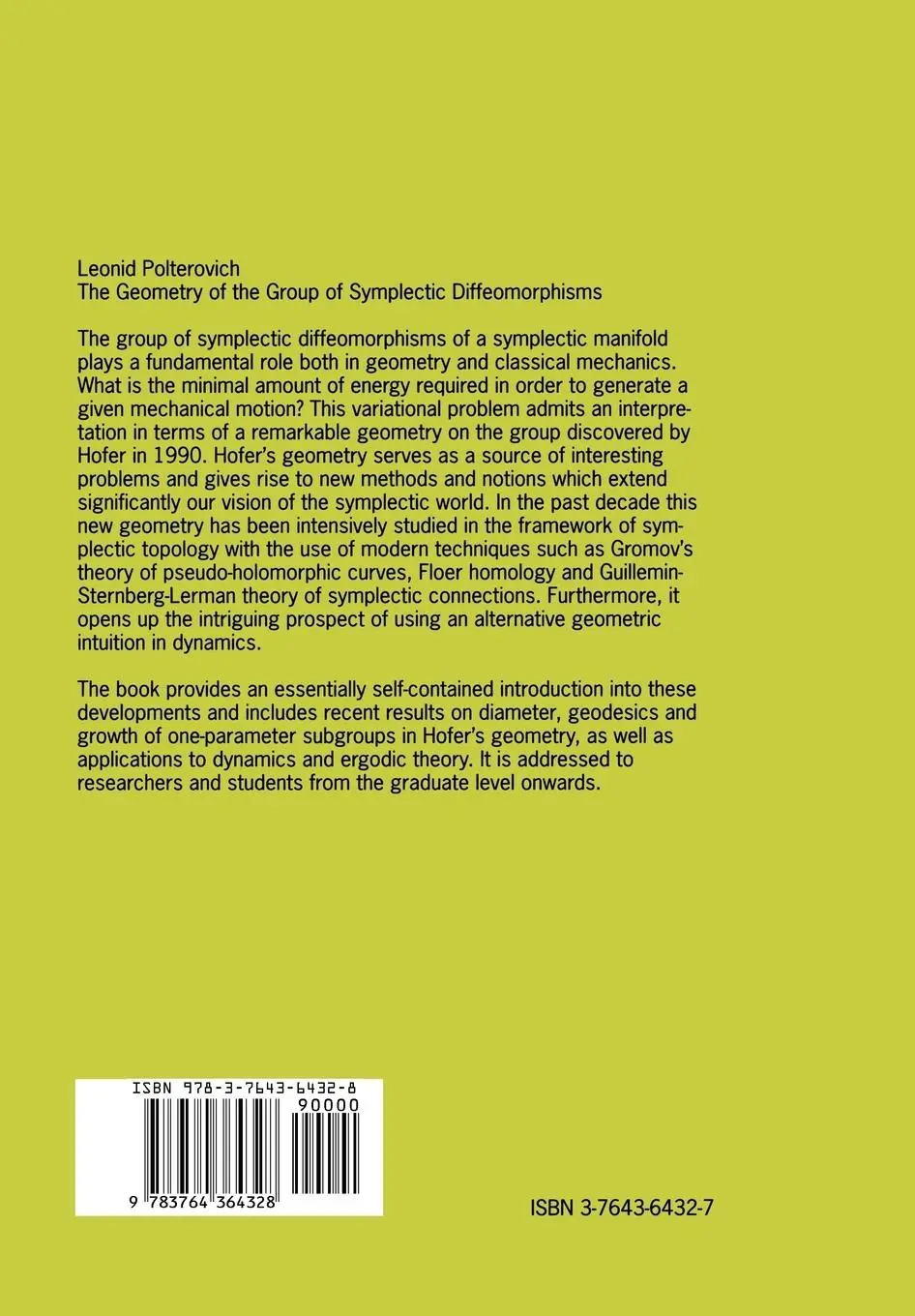 Rückseite: 9783764364328 | The Geometry of the Group of Symplectic Diffeomorphism | Polterovich