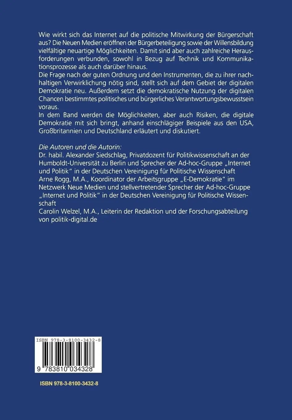 Rückseite: 9783810034328 | Digitale Demokratie | Willensbildung und Partizipation per Internet