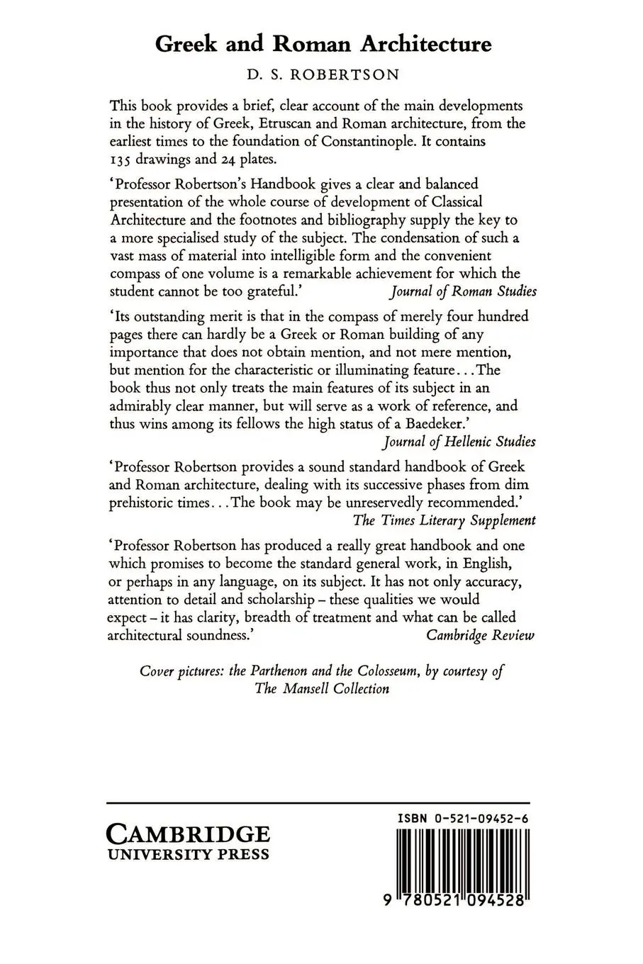 Rückseite: 9780521094528 | Greek and Roman Architecture | Donald S. Robertson (u. a.) | Buch
