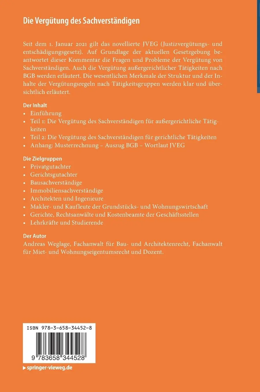 Rückseite: 9783658344528 | Die Vergütung des Sachverständigen | Grundlagen - JVEG - Anwendung