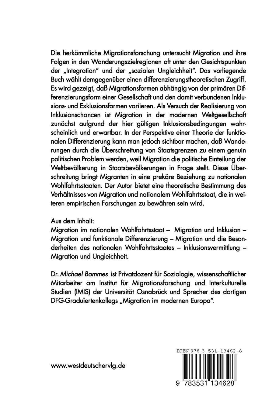 Rückseite: 9783531134628 | Migration und nationaler Wohlfahrtsstaat | Michael Bommes | Buch
