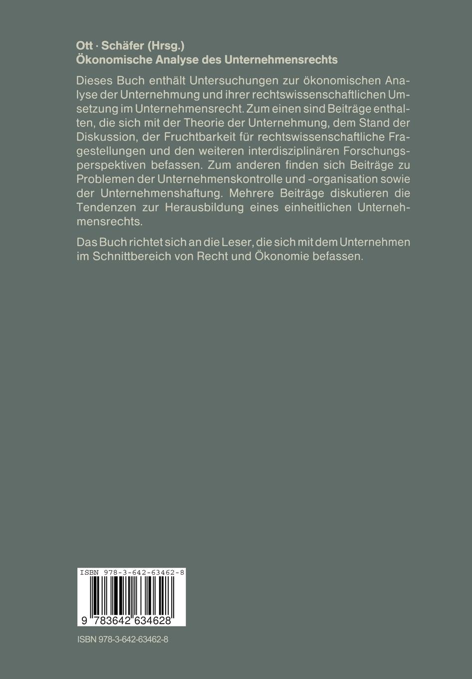 Rückseite: 9783642634628 | Ökonomische Analyse des Unternehmensrechts | Schäfer (u. a.) | Buch