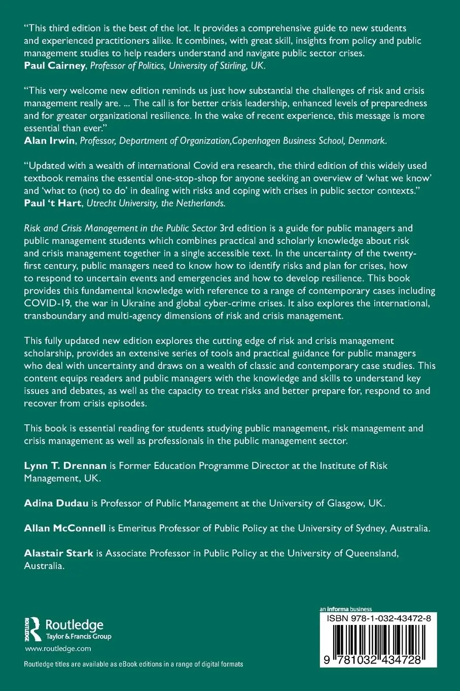 Rückseite: 9781032434728 | Risk and Crisis Management in the Public Sector | Drennan (u. a.)