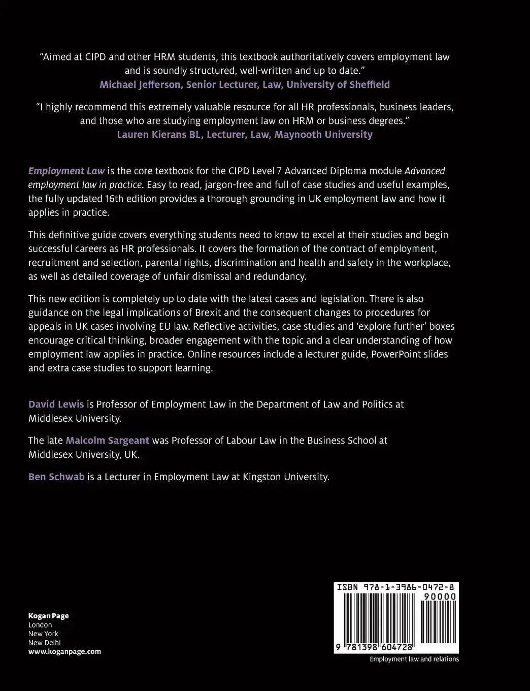 Rückseite: 9781398604728 | Employment Law | The Essentials | David Lewis (u. a.) | Taschenbuch