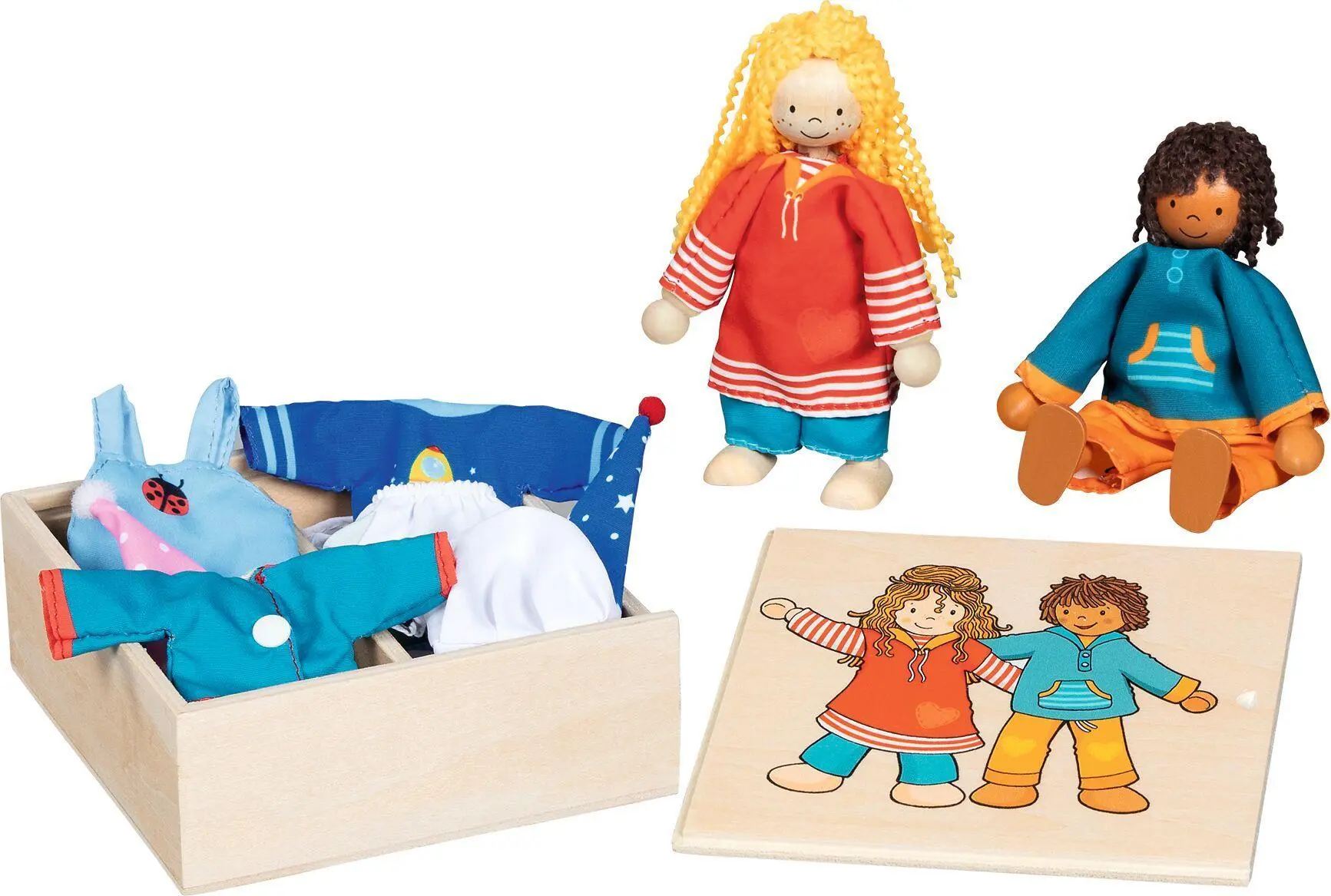 Cover: 4013594514828 | Biegepuppen Fynja &amp; Fabio, Klamottenkiste, 6 Outfits | 51482 | Deutsch