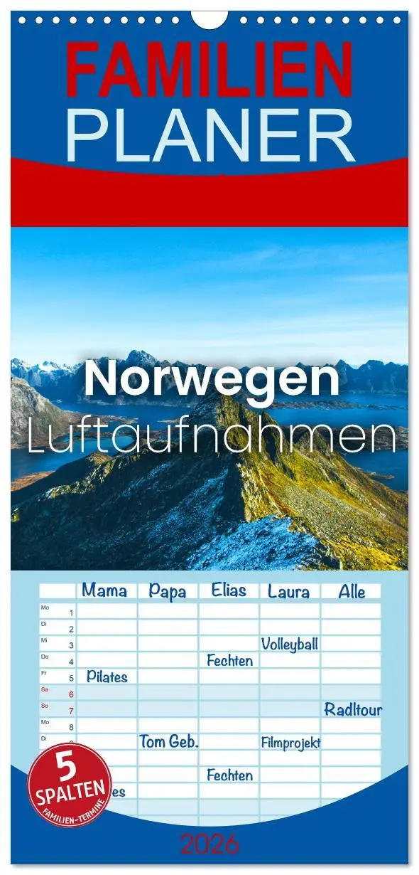 Cover: 9783516504828 | Familienplaner 2026 - Norwegen Luftaufnahmen mit 5 Spalten...