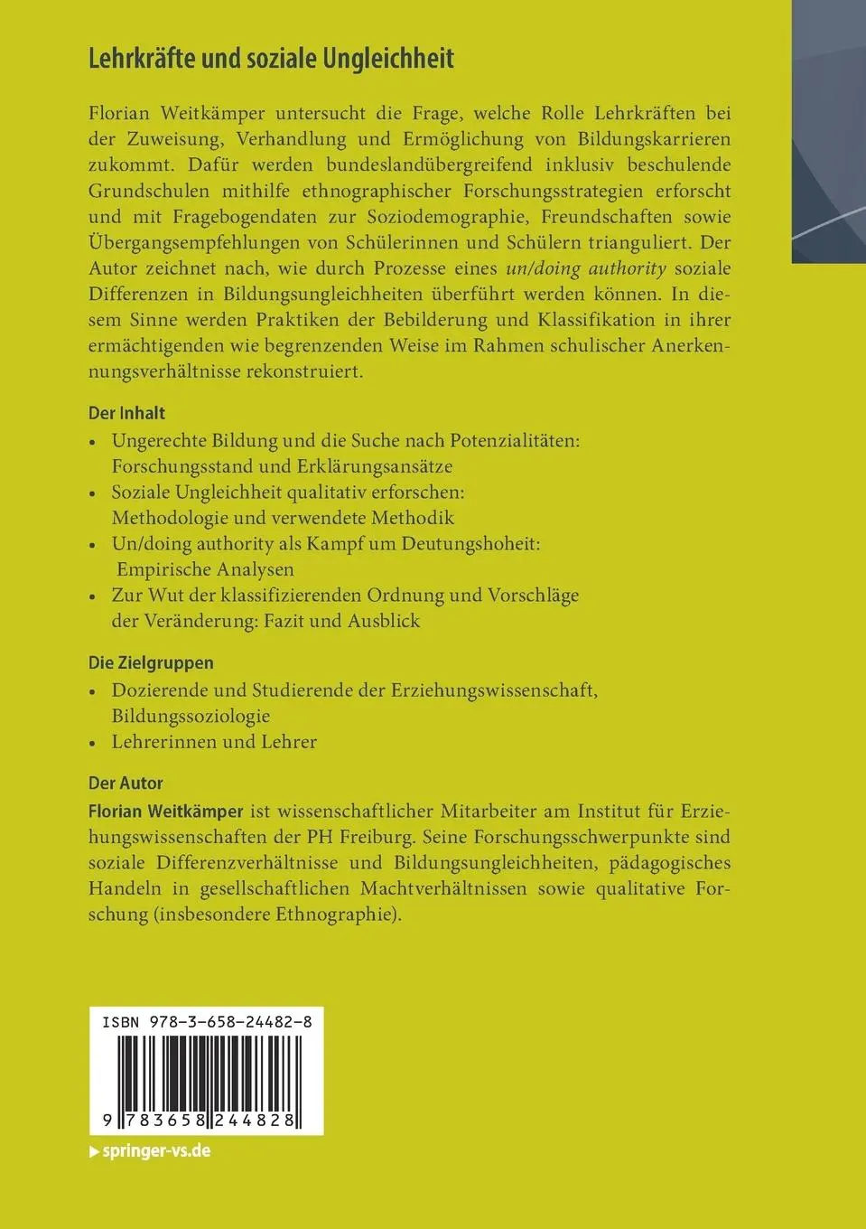 Rückseite: 9783658244828 | Lehrkräfte und soziale Ungleichheit | Florian Weitkämper | Taschenbuch