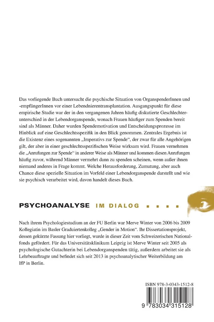 Rückseite: 9783034315128 | Psychologie der Lebendorganspende | Merve Winter | Taschenbuch | 2015