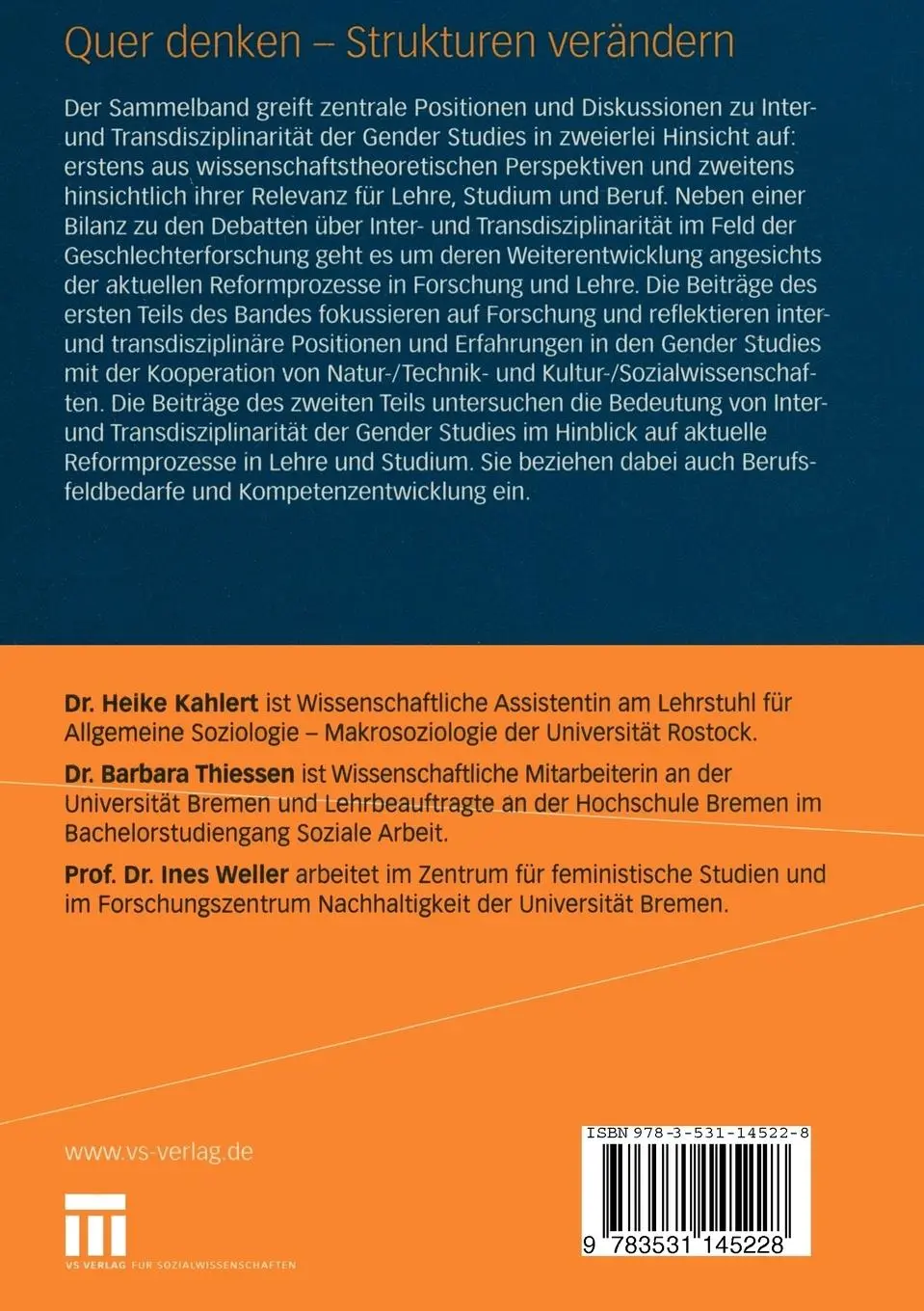 Rückseite: 9783531145228 | Quer denken - Strukturen verändern | Heike Kahlert (u. a.) | Buch