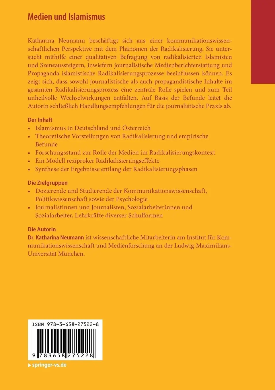 Rückseite: 9783658275228 | Medien und Islamismus | Katharina Neumann | Taschenbuch | xi | Deutsch