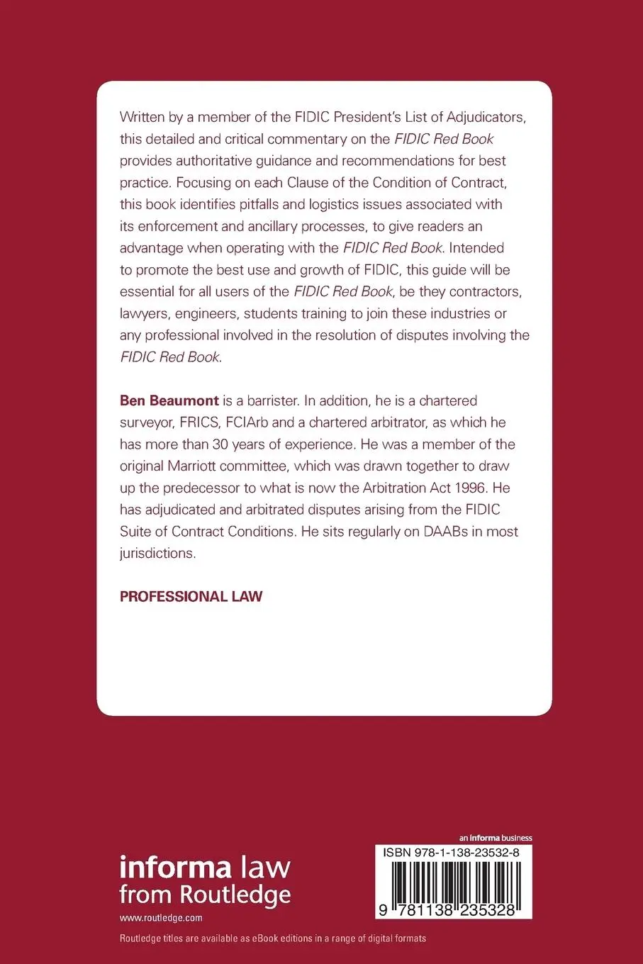 Rückseite: 9781138235328 | FIDIC Red Book | A Commentary | Ben Beaumont | Taschenbuch | Englisch