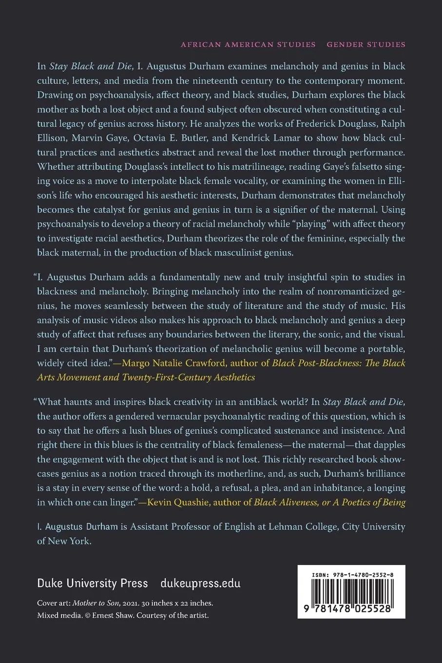 Rückseite: 9781478025528 | Stay Black and Die | On Melancholy and Genius | I. Augustus Durham