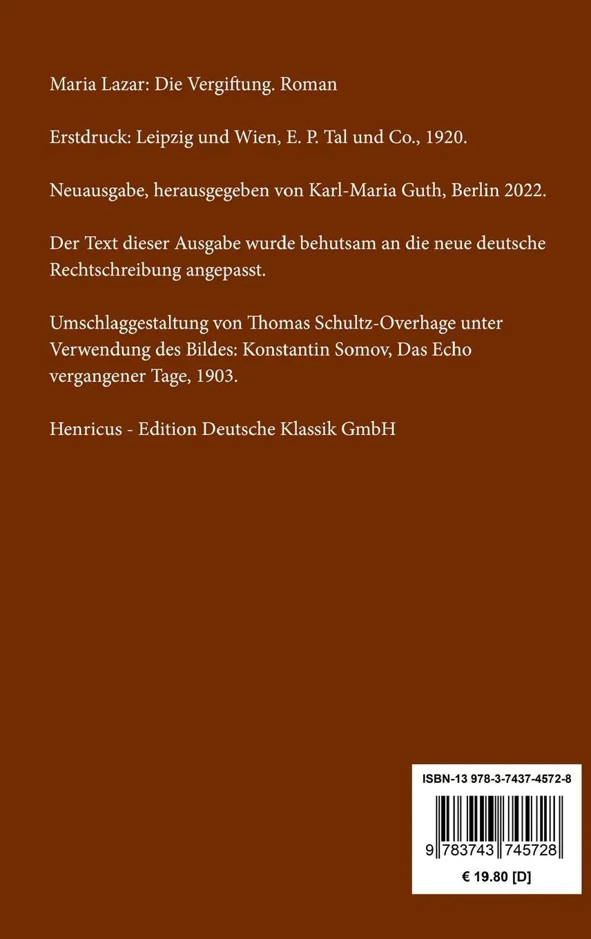 Rückseite: 9783743745728 | Die Vergiftung | Roman | Maria Lazar | Buch | 100 S. | Deutsch | 2022
