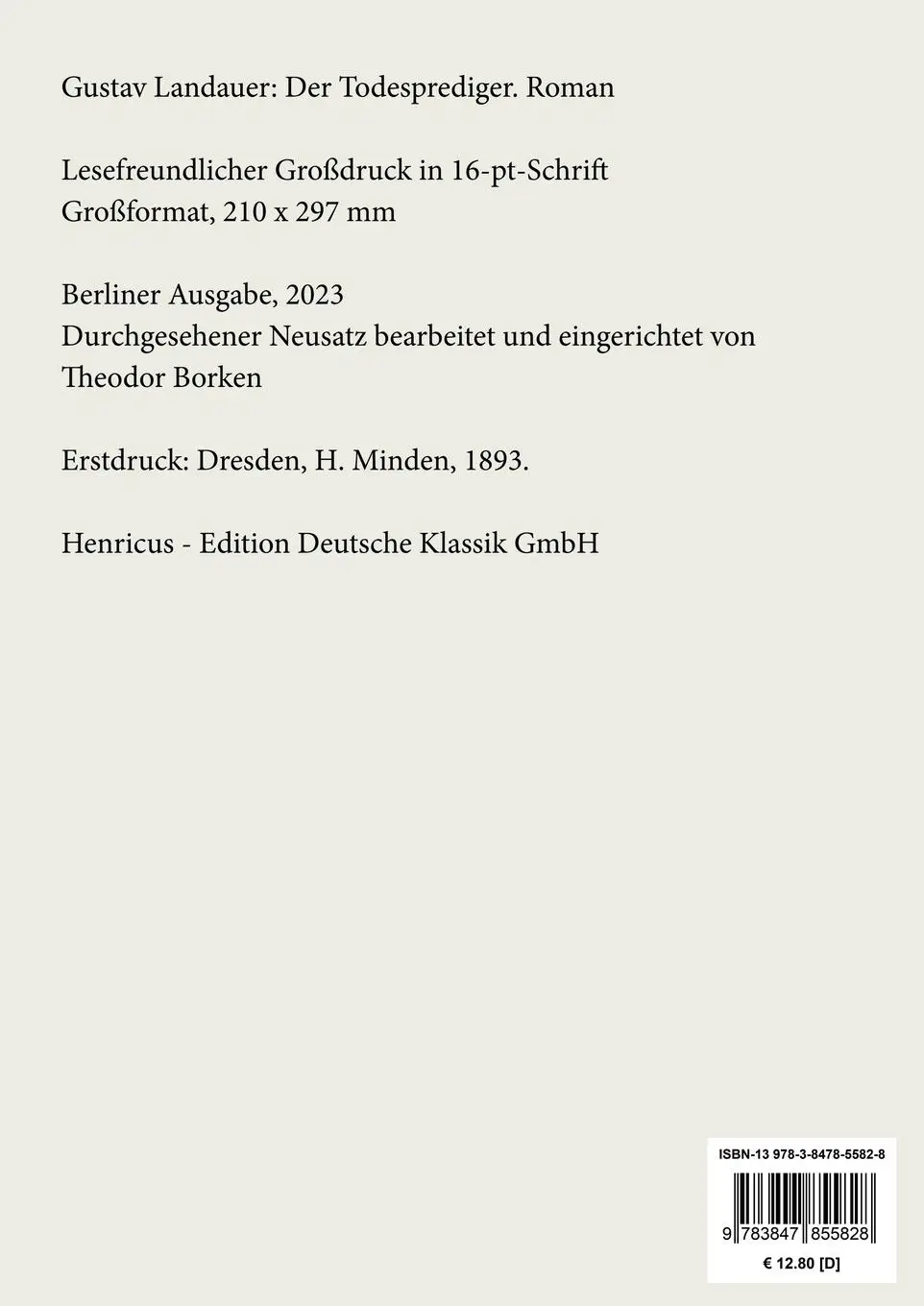 Rückseite: 9783847855828 | Der Todesprediger (Großdruck) | Roman | Gustav Landauer | Taschenbuch