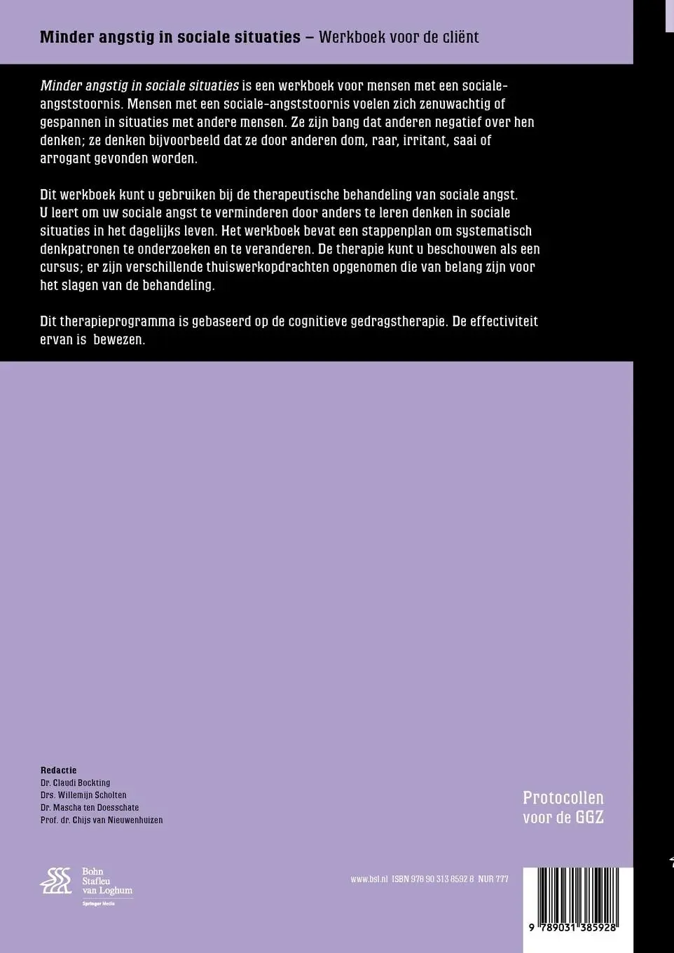 Rückseite: 9789031385928 | Minder angstig in sociale situaties | Werkboek voor de cliënt | Bögels