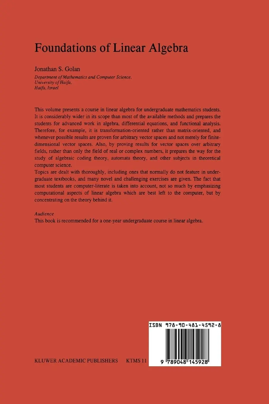Rückseite: 9789048145928 | Foundations of Linear Algebra | Jonathan S. Golan | Taschenbuch | viii
