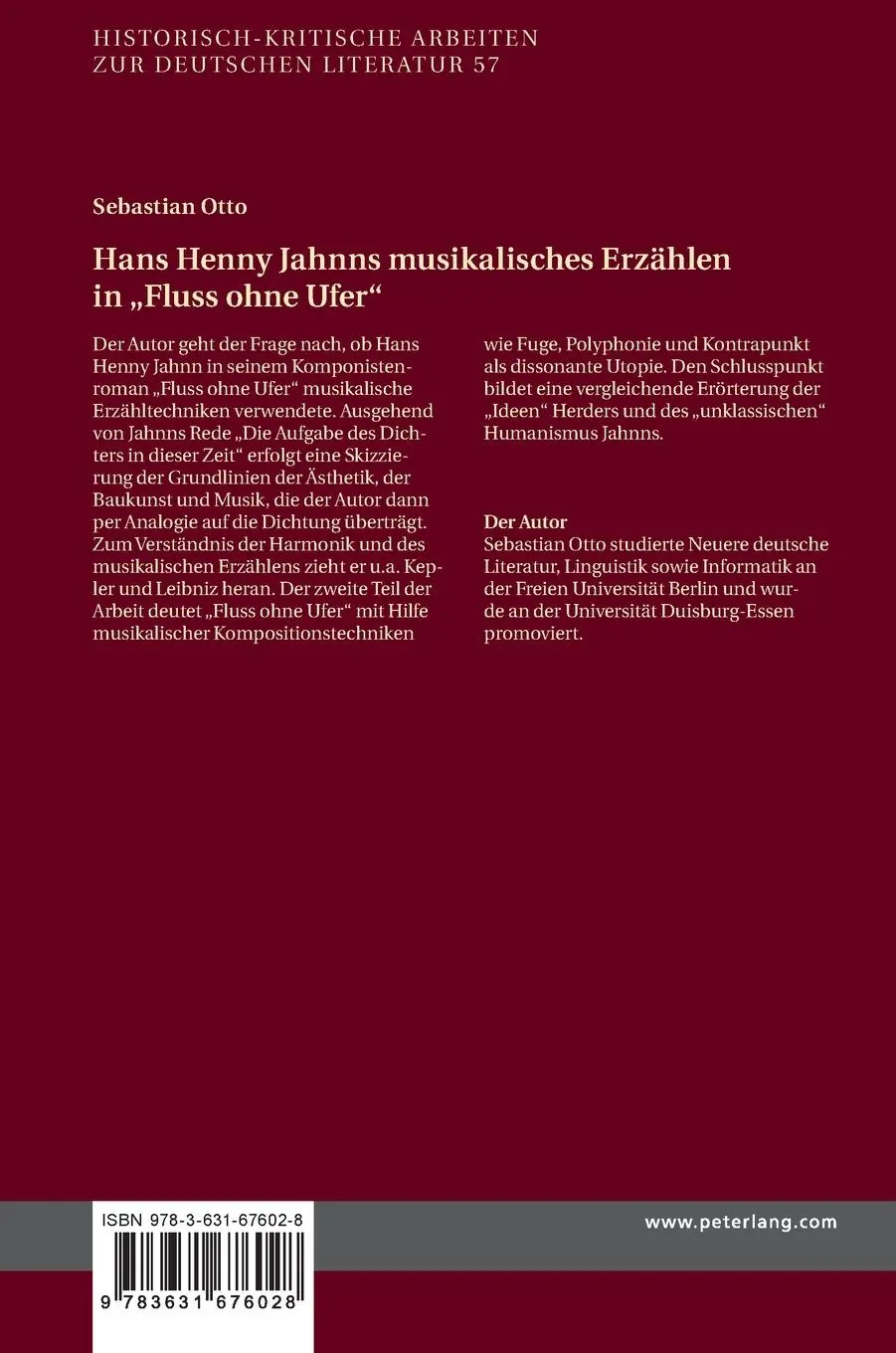 Rückseite: 9783631676028 | Hans Henny Jahnns musikalisches Erzählen in 'Fluss ohne Ufer' | Otto