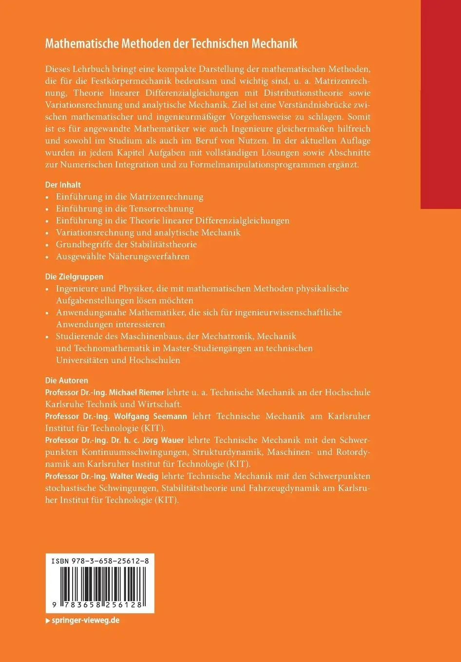 Rückseite: 9783658256128 | Mathematische Methoden der Technischen Mechanik | Riemer (u. a.) | xv