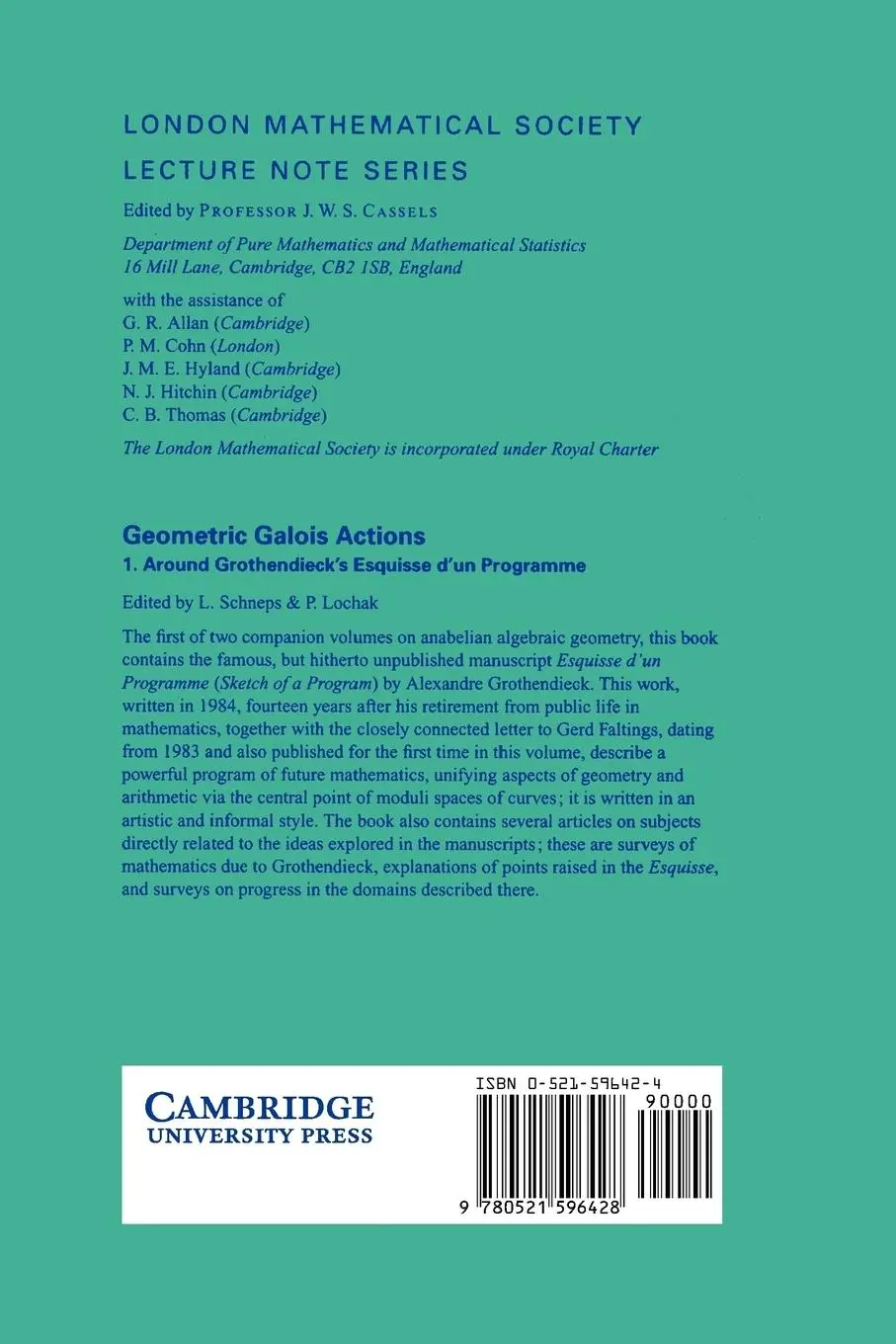Rückseite: 9780521596428 | Geometric Galois Actions | Leila Schneps (u. a.) | Taschenbuch | 1997