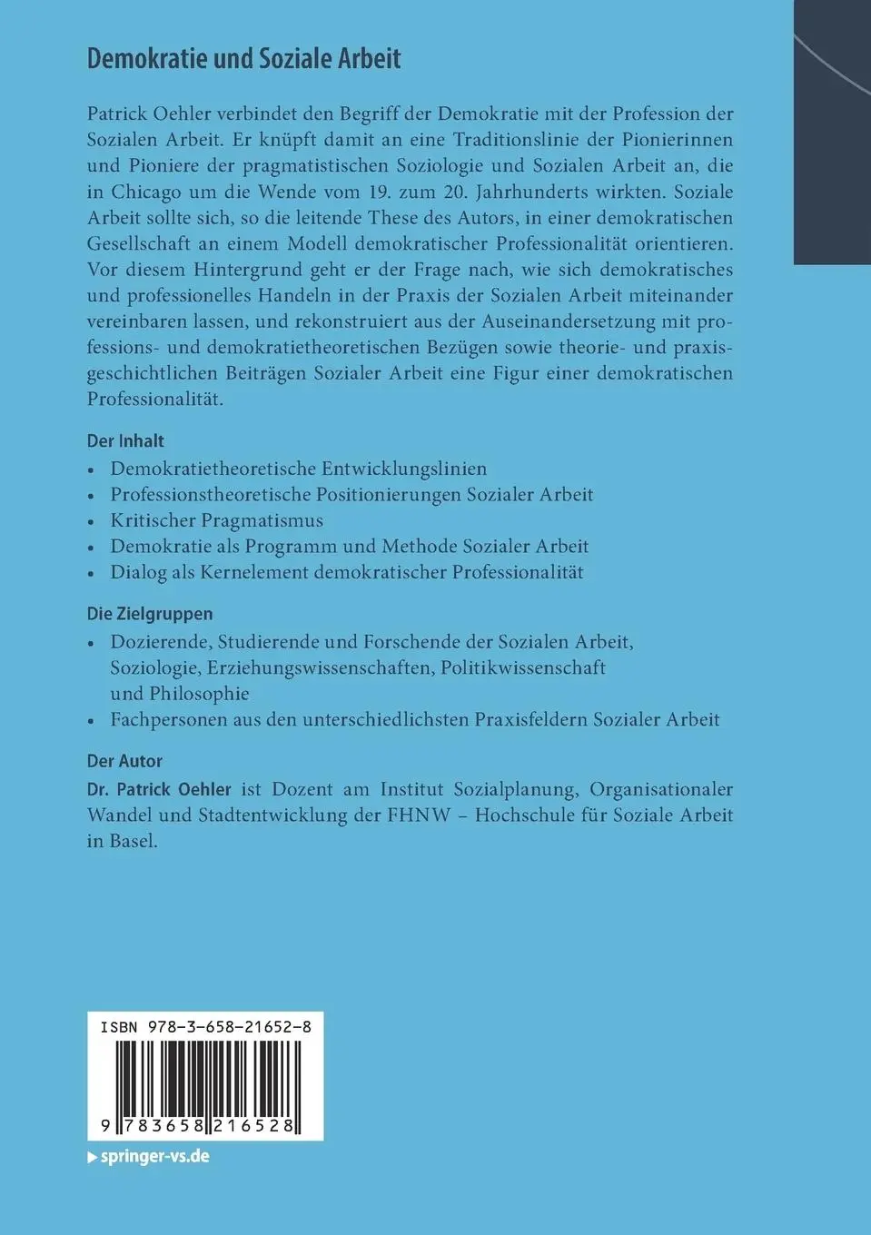 Rückseite: 9783658216528 | Demokratie und Soziale Arbeit | Patrick Oehler | Taschenbuch | x
