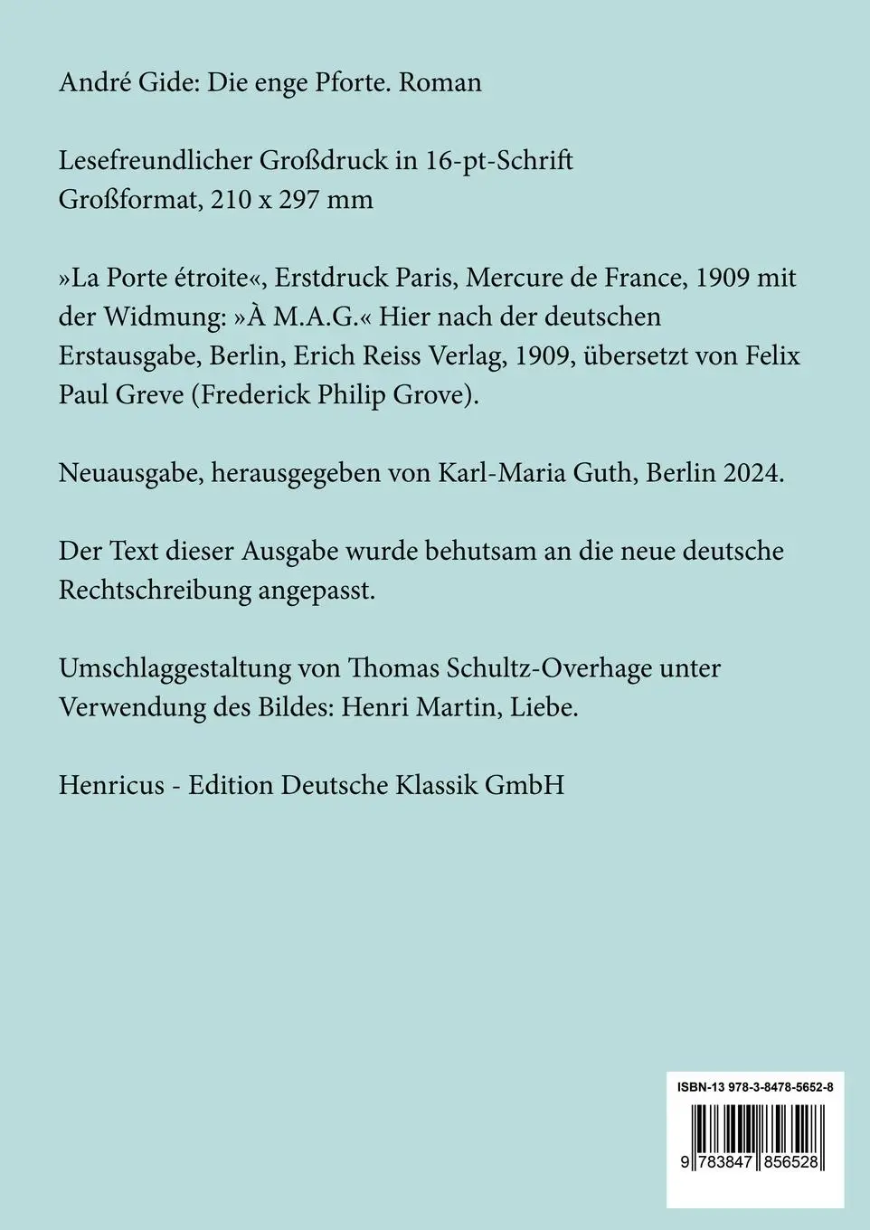 Rückseite: 9783847856528 | Die enge Pforte (Großdruck) | Roman | André Gide | Taschenbuch | 2024