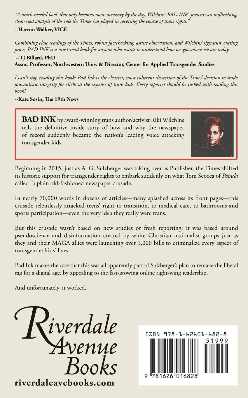 Rückseite: 9781626016828 | Bad Ink | How The New York Times Sold Out Transgender Teens | Wilchins