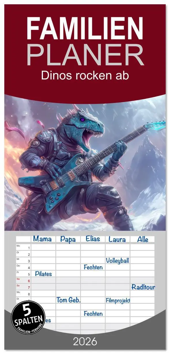 Cover: 9783516616828 | Familienplaner 2026 - Dinos rocken ab mit 5 Spalten (Wandkalender,...