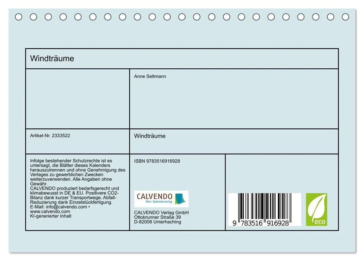 Bild: 9783516916928 | Windträume (Tischkalender 2027 DIN A5 quer), CALVENDO Monatskalender