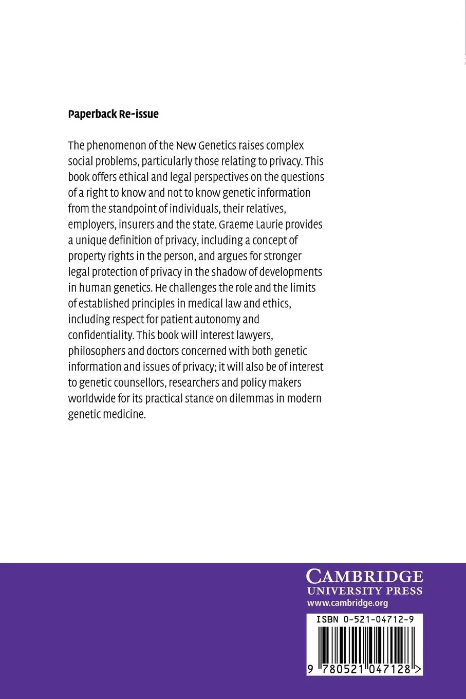 Rückseite: 9780521047128 | Genetic Privacy | Graeme Laurie | Taschenbuch | Englisch | 2007