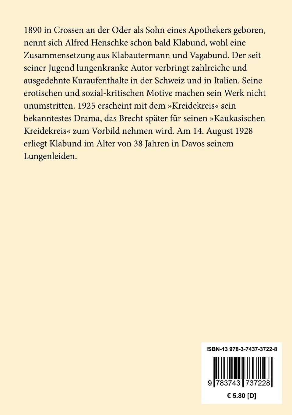 Rückseite: 9783743737228 | Klabunds Karussell | Klabund | Taschenbuch | Paperback | 88 S. | 2020