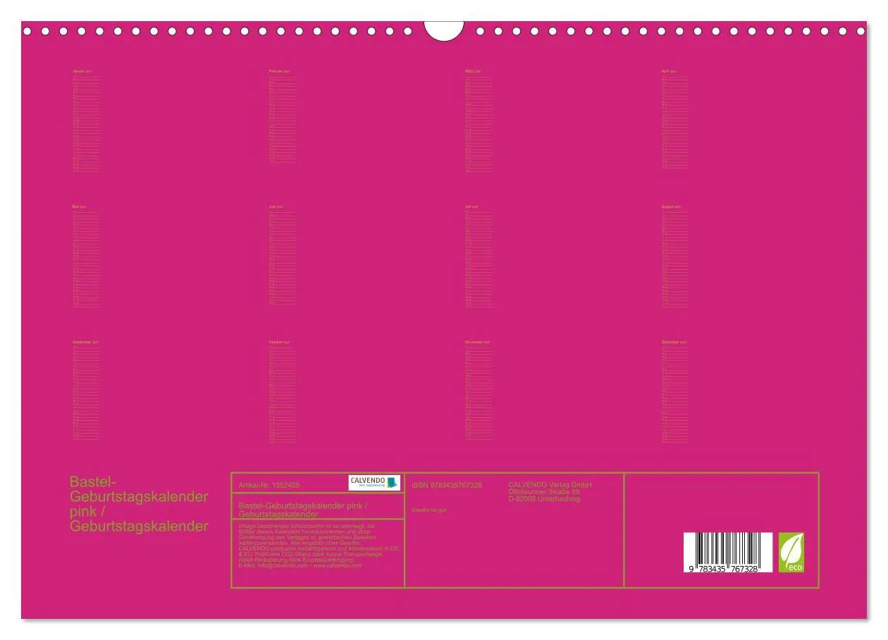 Bild: 9783435767328 | Bastel-Geburtstagskalender pink / Geburtstagskalender (Wandkalender...