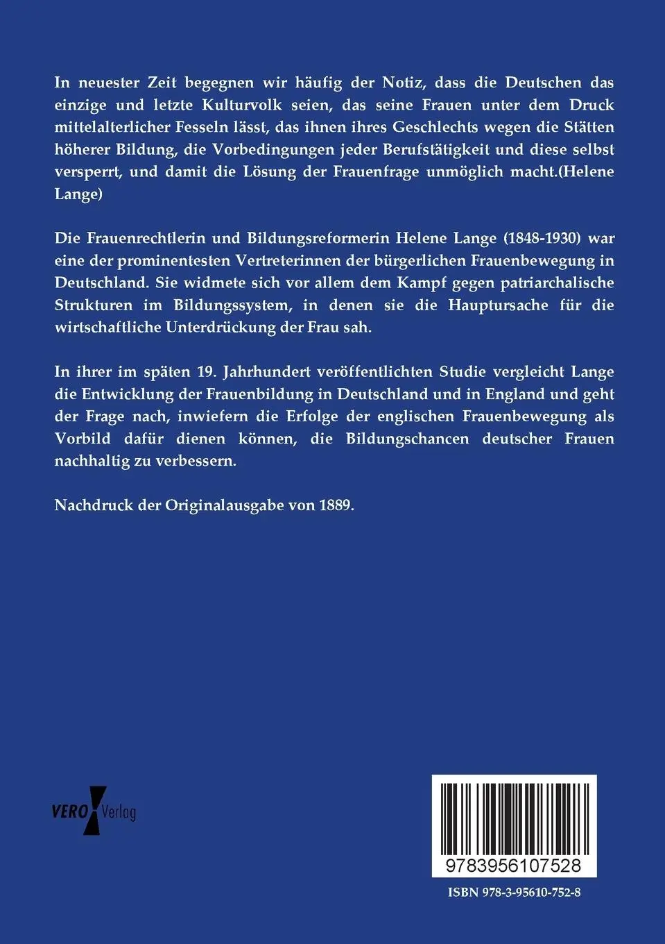 Rückseite: 9783956107528 | Frauenbildung | Helene Lange | Taschenbuch | 128 S. | Deutsch | 2019