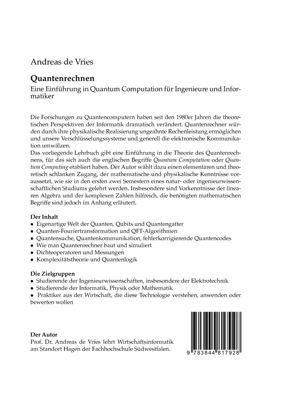 Rückseite: 9783844817928 | Quantenrechnen | Andreas De Vries | Taschenbuch | 236 S. | Deutsch