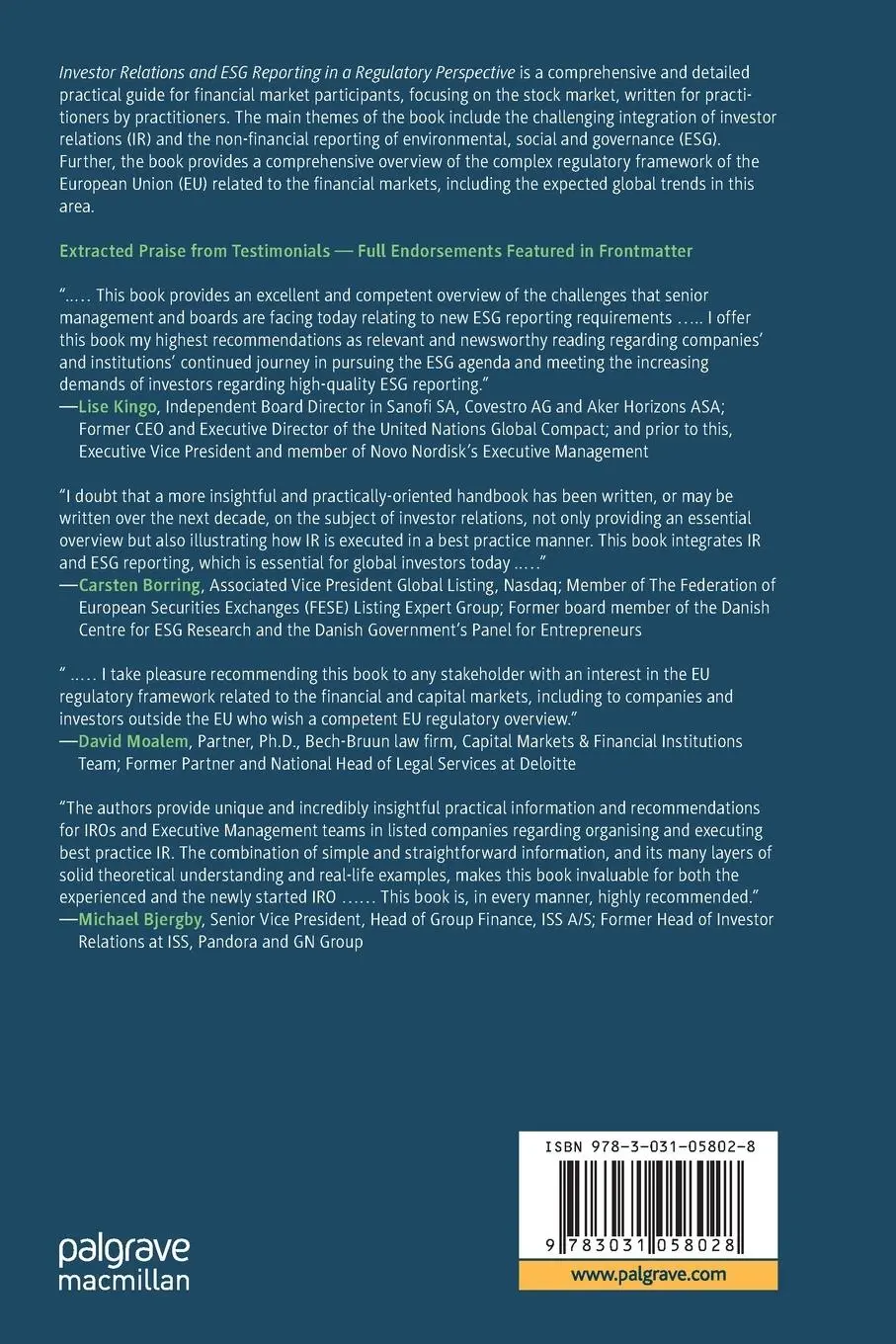 Rückseite: 9783031058028 | Investor Relations and ESG Reporting in a Regulatory Perspective | xxx