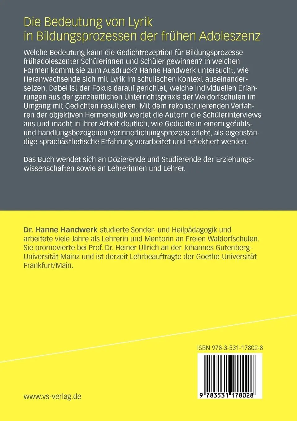 Rückseite: 9783531178028 | Die Bedeutung von Lyrik in Bildungsprozessen der frühen Adoleszenz