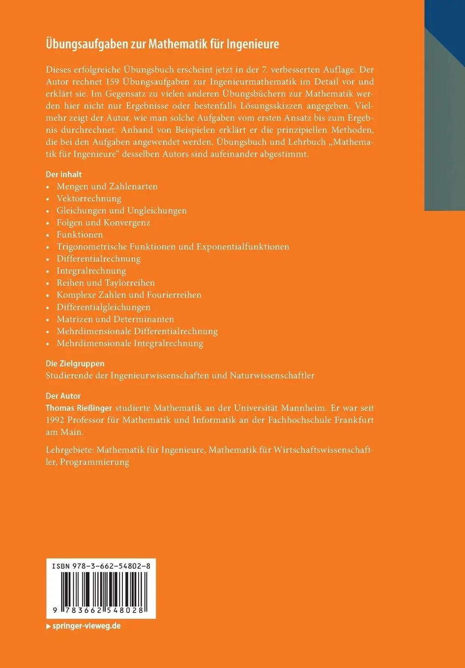 Rückseite: 9783662548028 | Übungsaufgaben zur Mathematik für Ingenieure | Thomas Rießinger | Buch