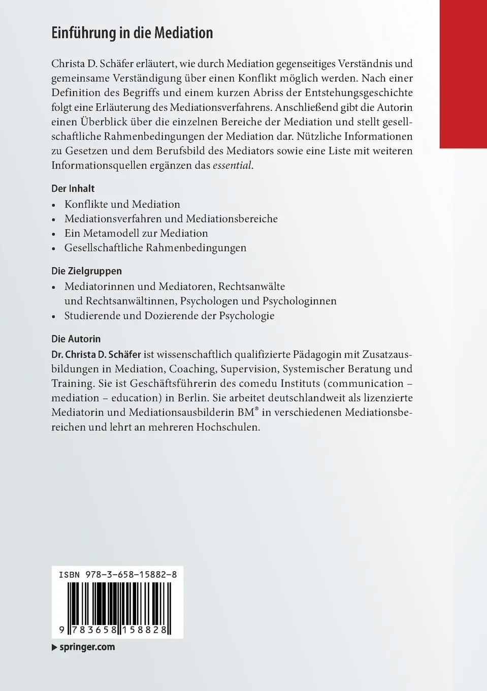 Rückseite: 9783658158828 | Einführung in die Mediation | Christa D. Schäfer | Taschenbuch | vii