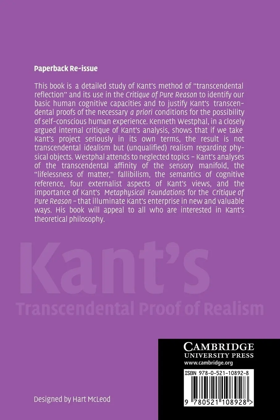 Rückseite: 9780521108928 | Kant's Transcendental Proof of Realism | Kenneth R. Westphal (u. a.)