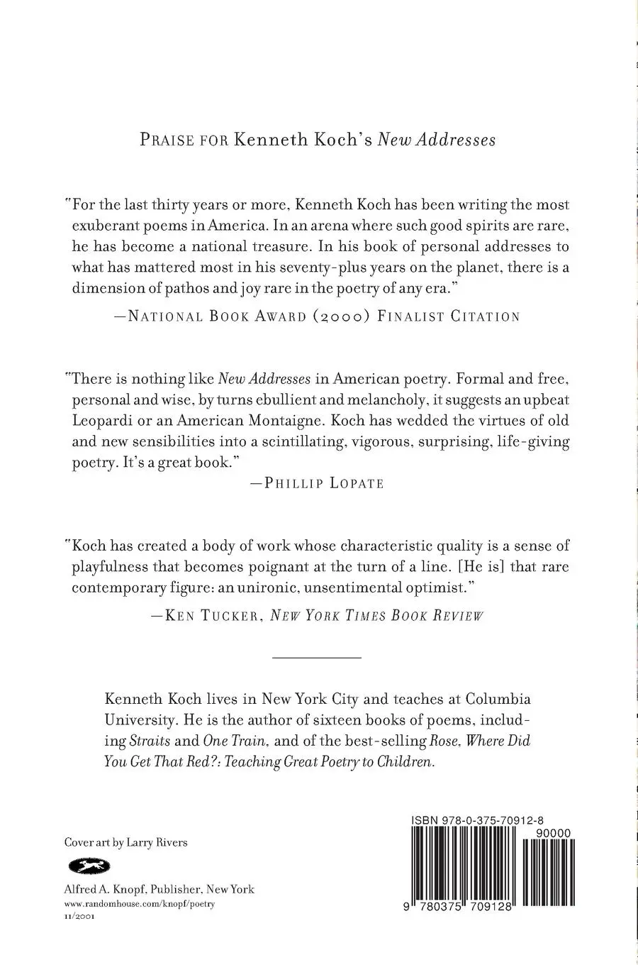 Rückseite: 9780375709128 | New Addresses | Kenneth Koch | Taschenbuch | Englisch | 2001