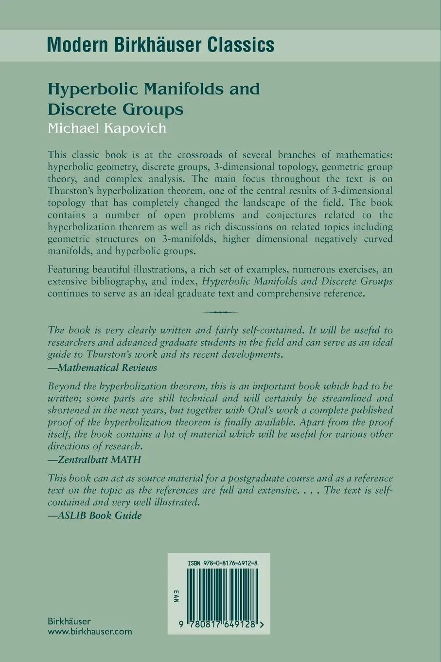Rückseite: 9780817649128 | Hyperbolic Manifolds and Discrete Groups | Michael Kapovich | Buch